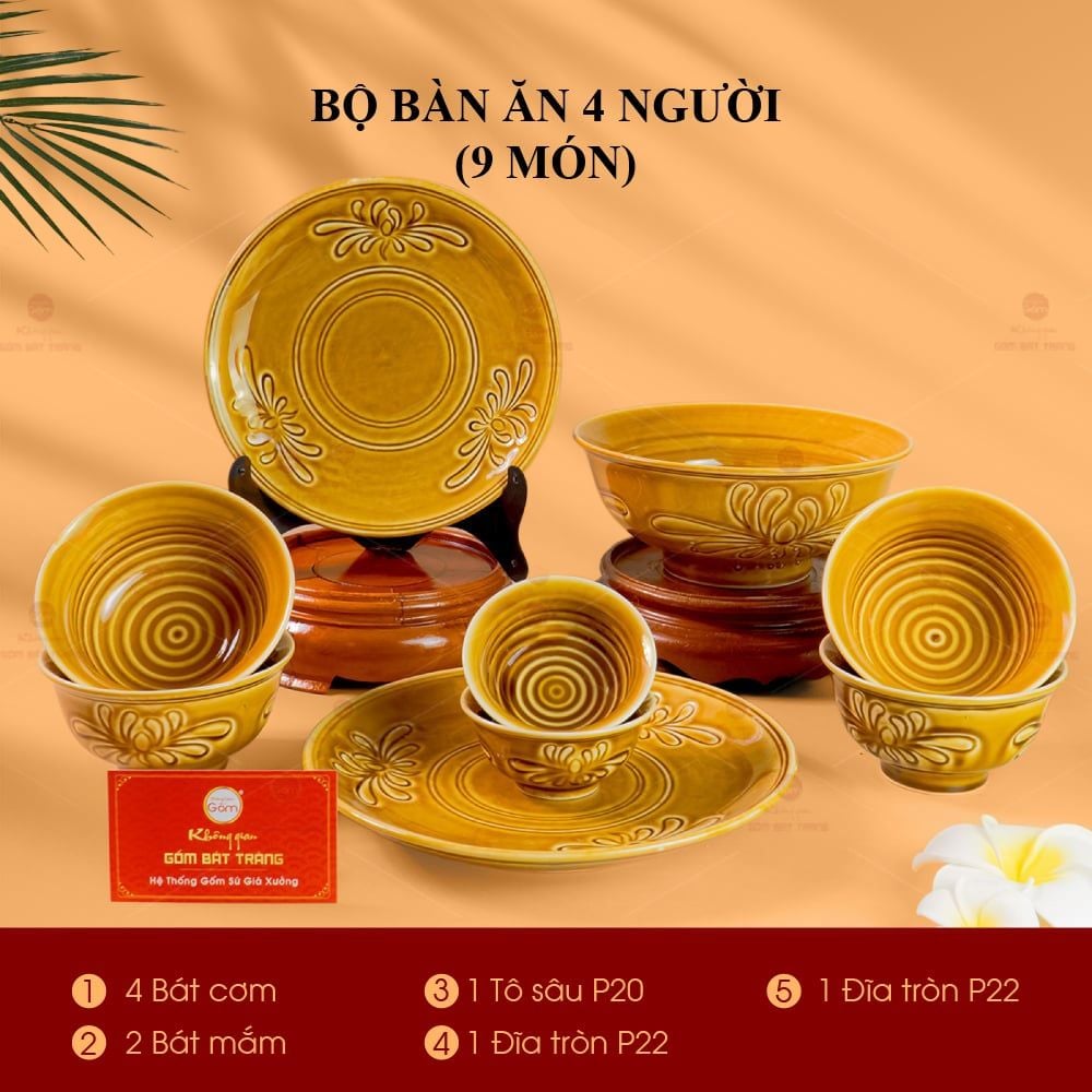 Bộ Bàn Ăn 4 Người (9 Món) Men Nâu Vân Hoa Cúc