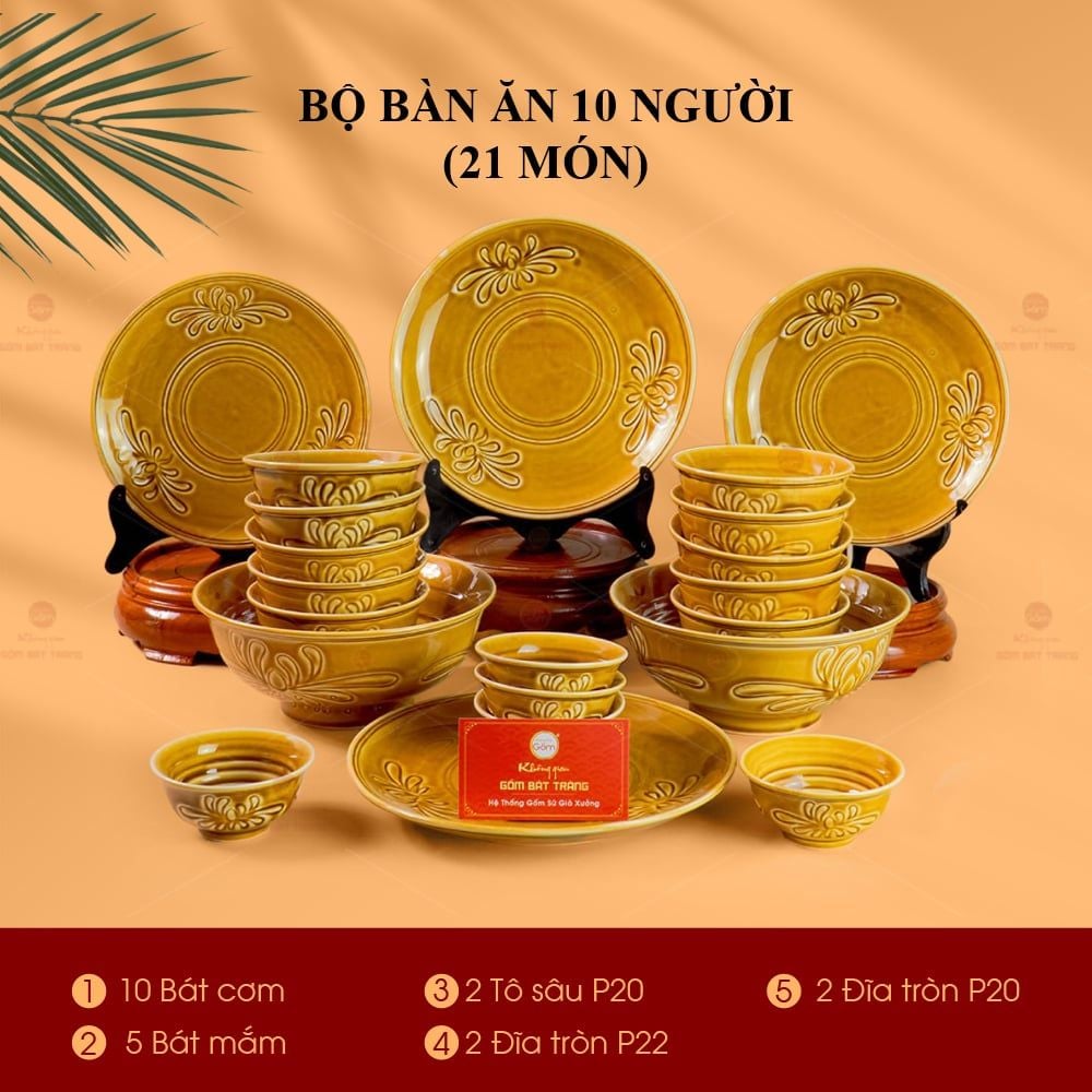 Bộ Bàn Ăn 10 Người (21 Món) Men Nâu Vân Hoa Cúc