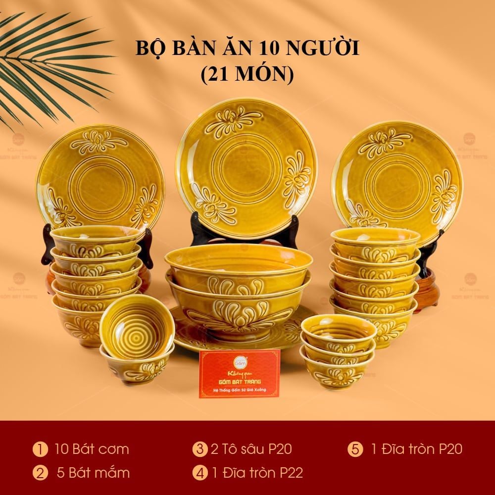 Bộ Bàn Ăn 10 Người (21 Món) Men Nâu Vân Hoa Cúc
