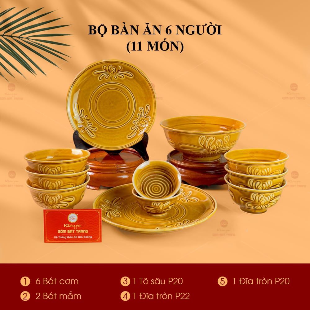 Bộ Bàn Ăn 6 Người (11 Món) Men Nâu Vân Hoa Cúc