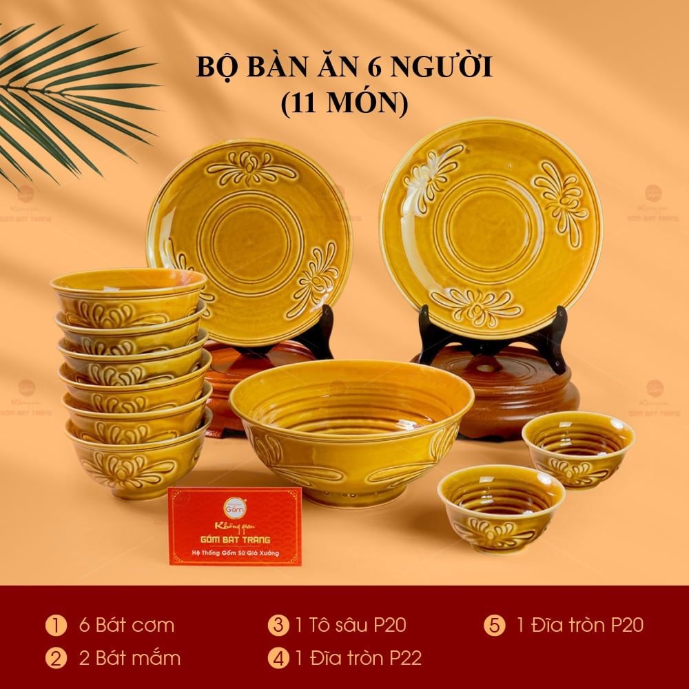 Bộ Bàn Ăn 6 Người (11 Món) Men Nâu Vân Hoa Cúc