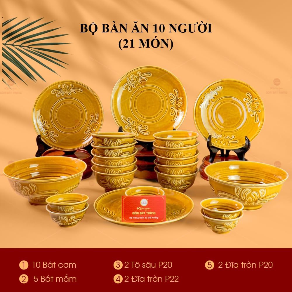 Bộ Bàn Ăn 10 Người (21 Món) Men Nâu Vân Hoa Cúc