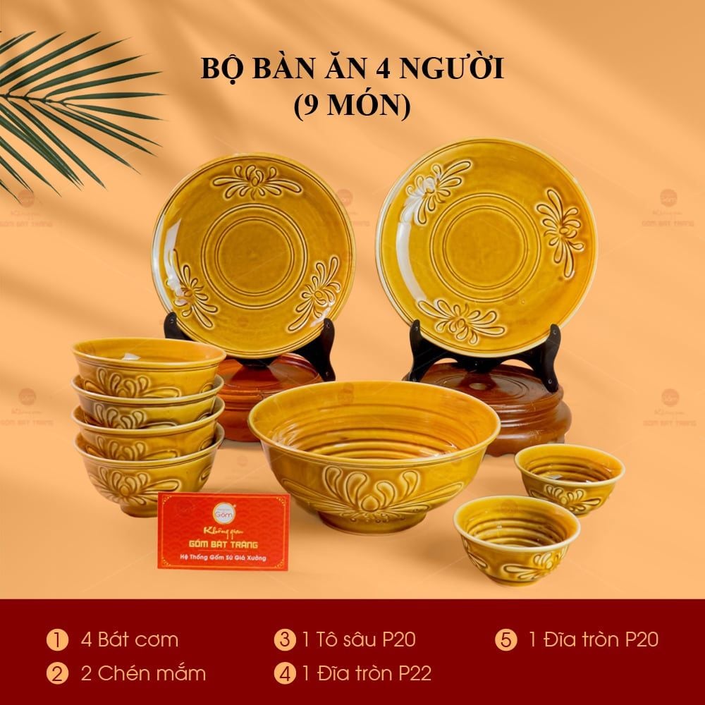 Bộ Bàn Ăn 4 Người (9 Món) Men Nâu Vân Hoa Cúc