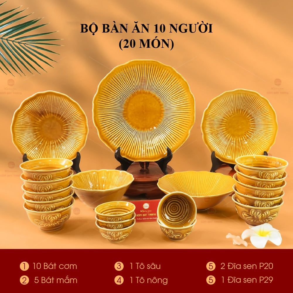 Bộ Bàn Ăn 10 Người (20 Món) Men Nâu Vân Sen