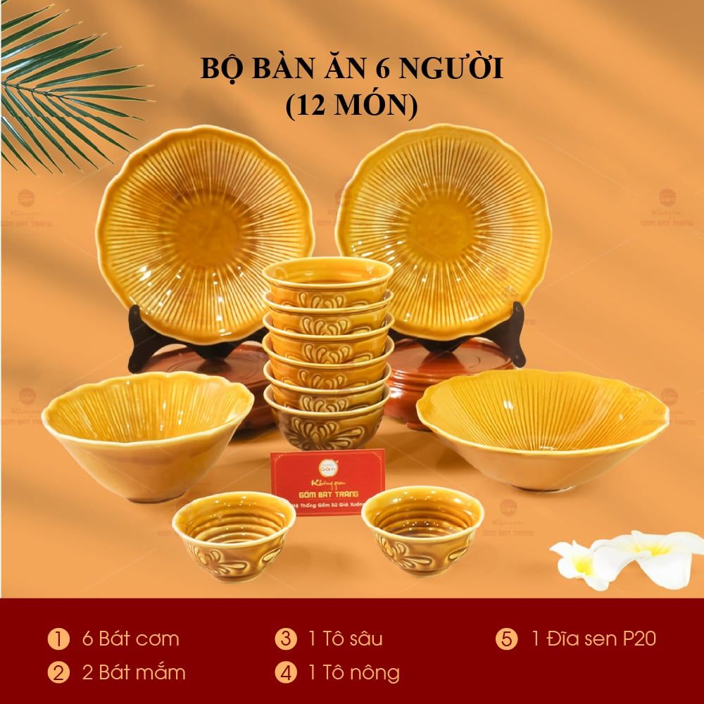 Bộ Bàn Ăn 6 Người (12 Món) Men Nâu Vân Sen