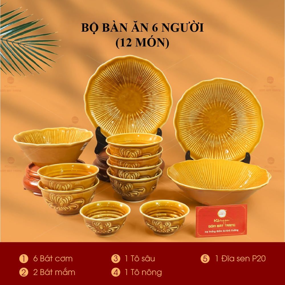 Bộ Bàn Ăn 6 Người (12 Món) Men Nâu Vân Sen