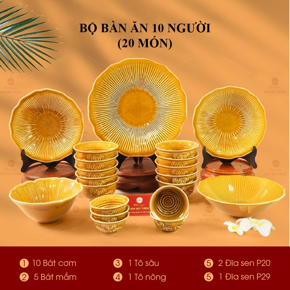 Bộ Bàn Ăn 10 Người (20 Món) Men Nâu Vân Sen