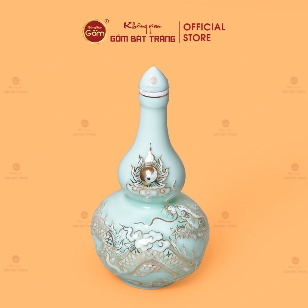 Nậm Rượu Men Ngọc Hoàng Tộc Vẽ Vàng Kim Long Chầu Nhật