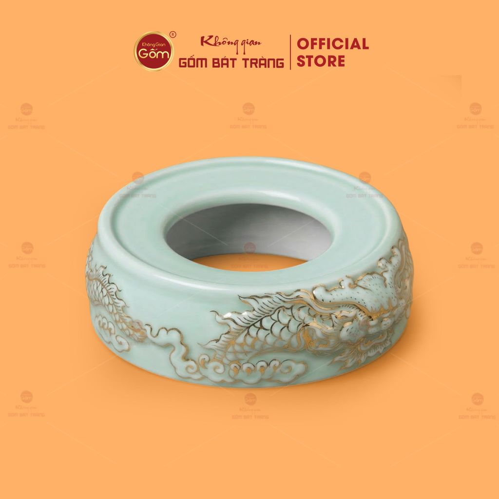 Đế Bát Hương Men Ngọc Hoàng Tộc Vẽ Vàng Song Long Chầu Nguyệt
