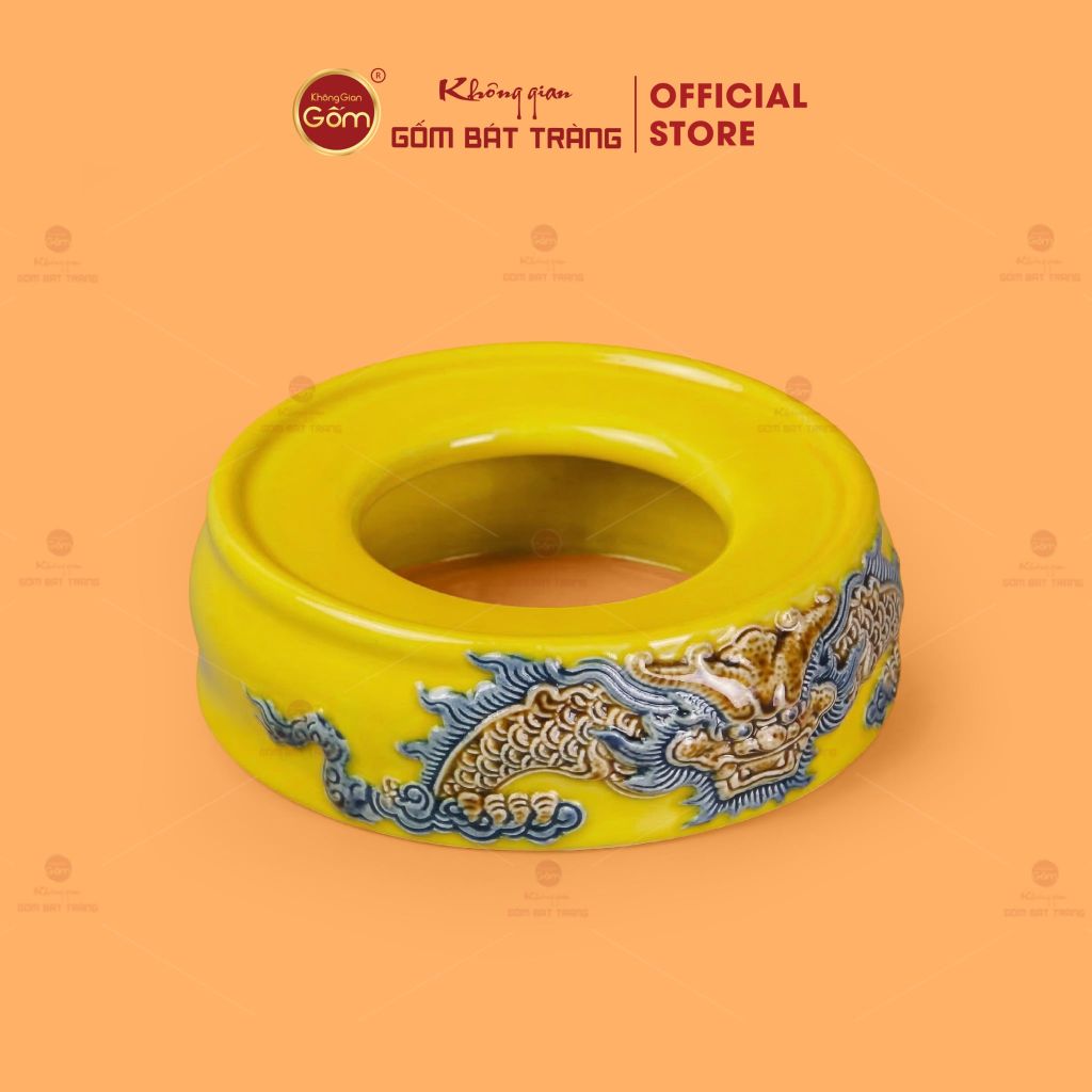 Đế Bát Hương Men Vàng Họa Tiết Song Long Chầu Nguyệt