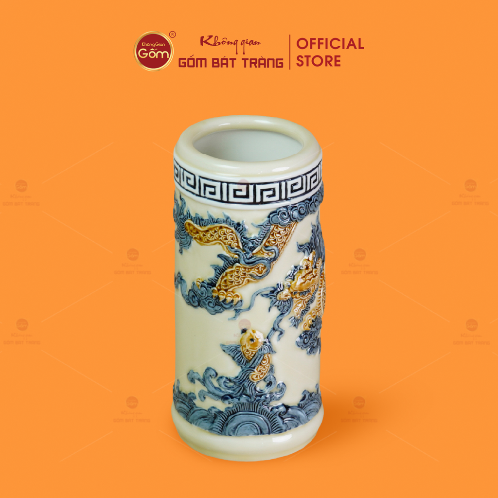 Ống Hương Men Hoàng Thổ Họa Tiết Cá Chép Hóa Rồng