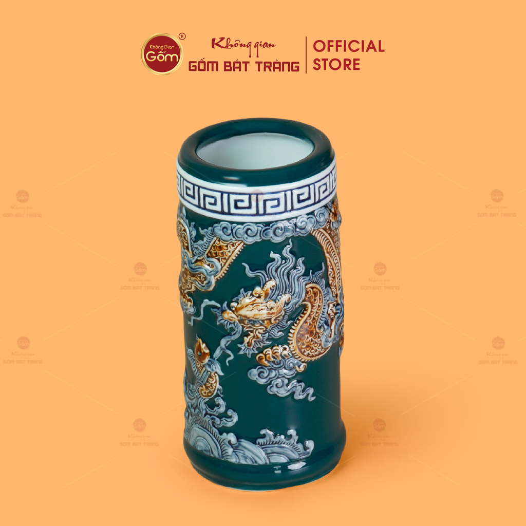 Ống Hương Men Lục Họa Tiết Cá Chép Hóa Rồng