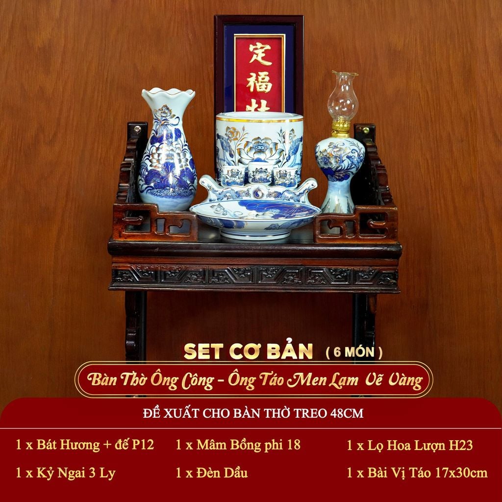 [Set Cơ Bản] Bộ Đồ Thờ Ông Táo Men Lam Vẽ Vàng (6 món)
