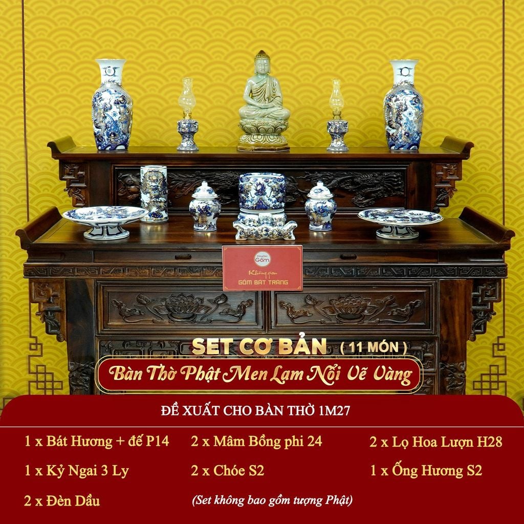 [Set Cơ Bản] Bộ Đồ Thờ Phật Men Lam Nổi Vẽ Vàng (11 món)