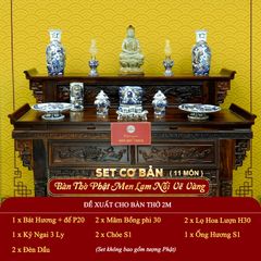 [Set Cơ Bản] Bộ Đồ Thờ Phật Men Lam Nổi Vẽ Vàng (11 món)