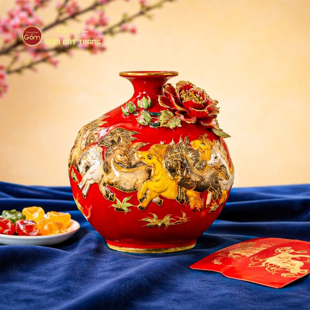 Quả Hút Lộc Men Đỏ Mã Đáo Thành Công Đắp Nổi Vẽ Vàng