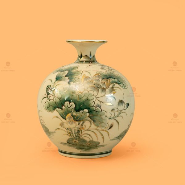 Quả Hút Lộc Men Màu Hoa Sen Chim Hạc Vẽ Vàng