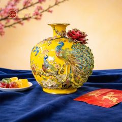 Quả Hút Lộc Men Vàng Công Đào Đắp Nổi Vẽ Vàng