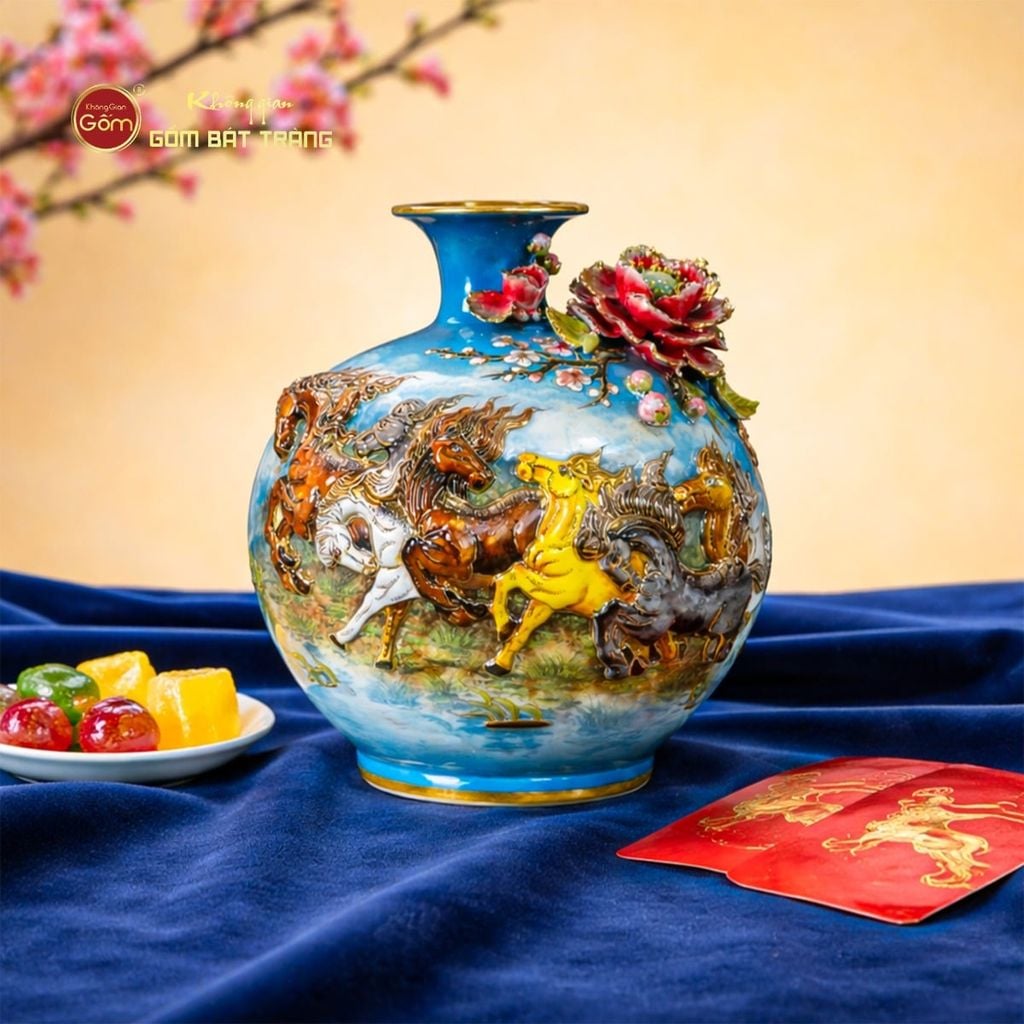 Quả Hút Lộc Men Xanh Mã Đáo Thành Công Đắp Nổi Vẽ Vàng