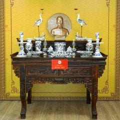 [Set Cao Cấp] Bộ Đồ Thờ Bác Hồ Men Lam Nổi Vẽ Vàng (16 món)