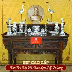 [Set Cao Cấp] Bộ Đồ Thờ Bác Hồ Men Lam Nổi Vẽ Vàng (16 món)