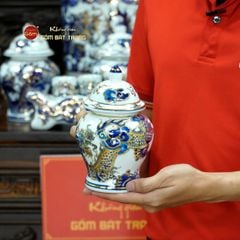 [Set Cao Cấp] Bộ Đồ Thờ Bác Hồ Men Lam Nổi Vẽ Vàng (16 món)