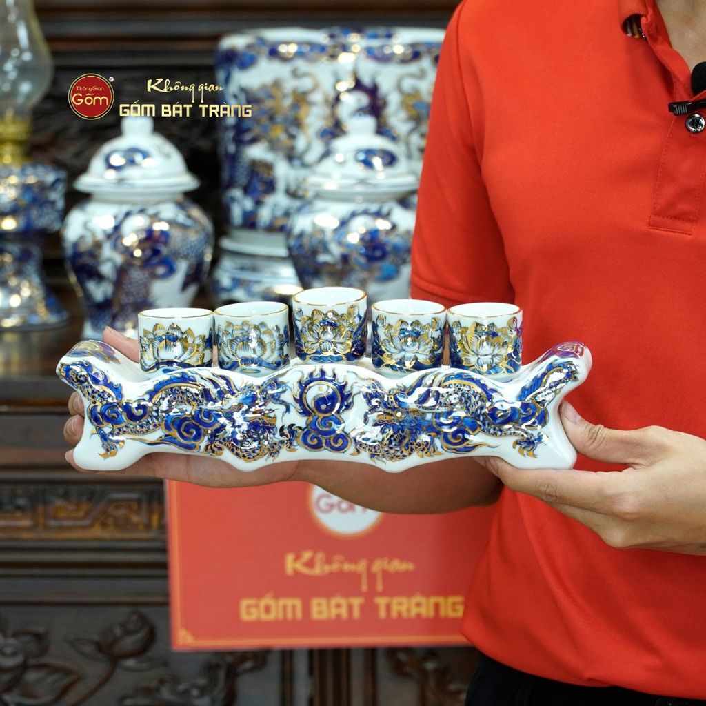 [Set Cao Cấp] Bộ Đồ Thờ Bác Hồ Men Lam Nổi Vẽ Vàng (16 món)