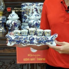 [Set Cao Cấp] Bộ Đồ Thờ Bác Hồ Men Lam Nổi Vẽ Vàng (16 món)