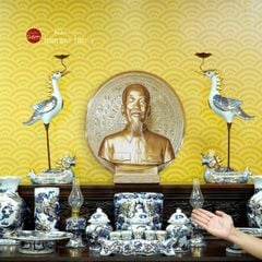 [Set Cao Cấp] Bộ Đồ Thờ Bác Hồ Men Lam Nổi Vẽ Vàng (16 món)