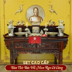 [Set Cao Cấp] Bộ Đồ Thờ Bác Hồ Men Rạn Vẽ Vàng (15 món)