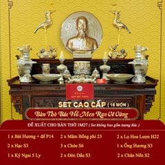 [Set Cao Cấp] Bộ Đồ Thờ Bác Hồ Men Rạn Vẽ Vàng (15 món)
