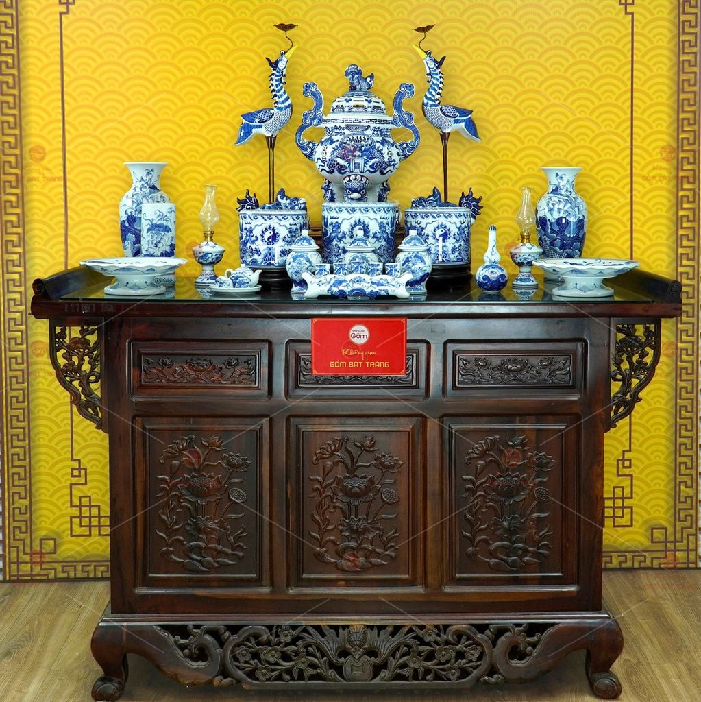 [Set Cao Cấp] Bộ Đồ Thờ Gia Tiên Men Lam (17 món)