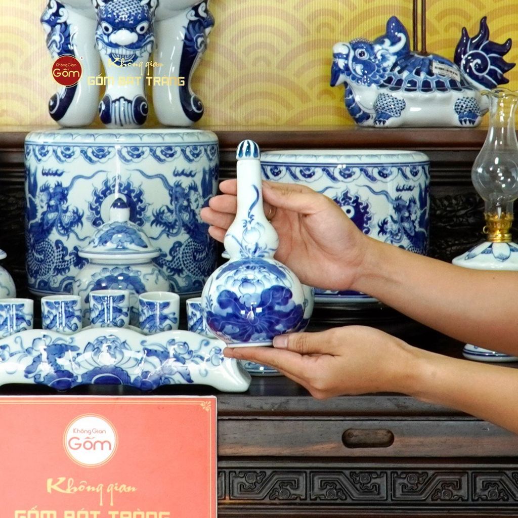 [Set Cao Cấp] Bộ Đồ Thờ Gia Tiên Men Lam (17 món)