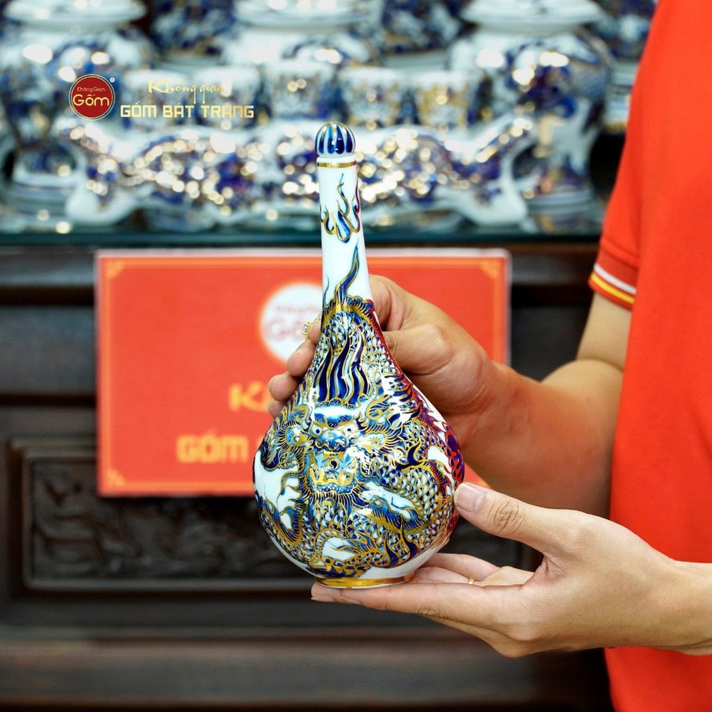 [Set Cao Cấp] Bộ Đồ Thờ Gia Tiên Men Lam Nổi Vẽ Vàng (17 món)