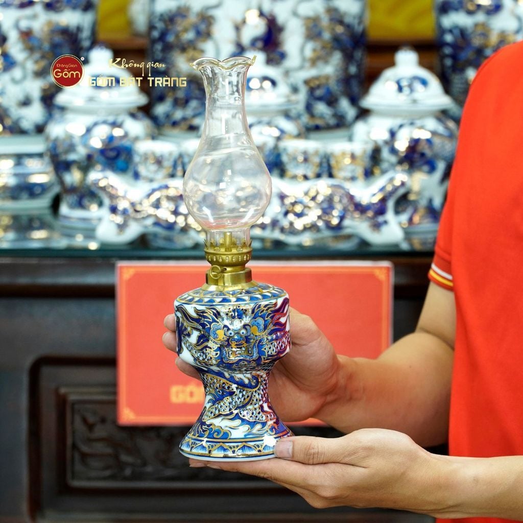 [Set Cao Cấp] Bộ Đồ Thờ Gia Tiên Men Lam Nổi Vẽ Vàng (17 món)