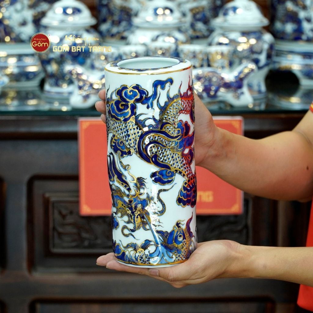 [Set Cao Cấp] Bộ Đồ Thờ Gia Tiên Men Lam Nổi Vẽ Vàng (17 món)