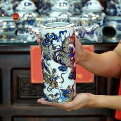 [Set Cao Cấp] Bộ Đồ Thờ Bác Hồ Men Lam Nổi Vẽ Vàng (16 món)