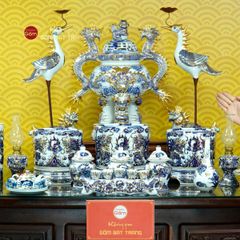 [Set Cao Cấp] Bộ Đồ Thờ Gia Tiên Men Lam Nổi Vẽ Vàng (17 món)