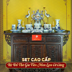 [Set Cao Cấp] Bộ Đồ Thờ Gia Tiên Men Lam Vẽ Vàng (17 món)