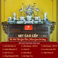 [Set Cao Cấp] Bộ Đồ Thờ Gia Tiên Men Lam Vẽ Vàng (17 món)