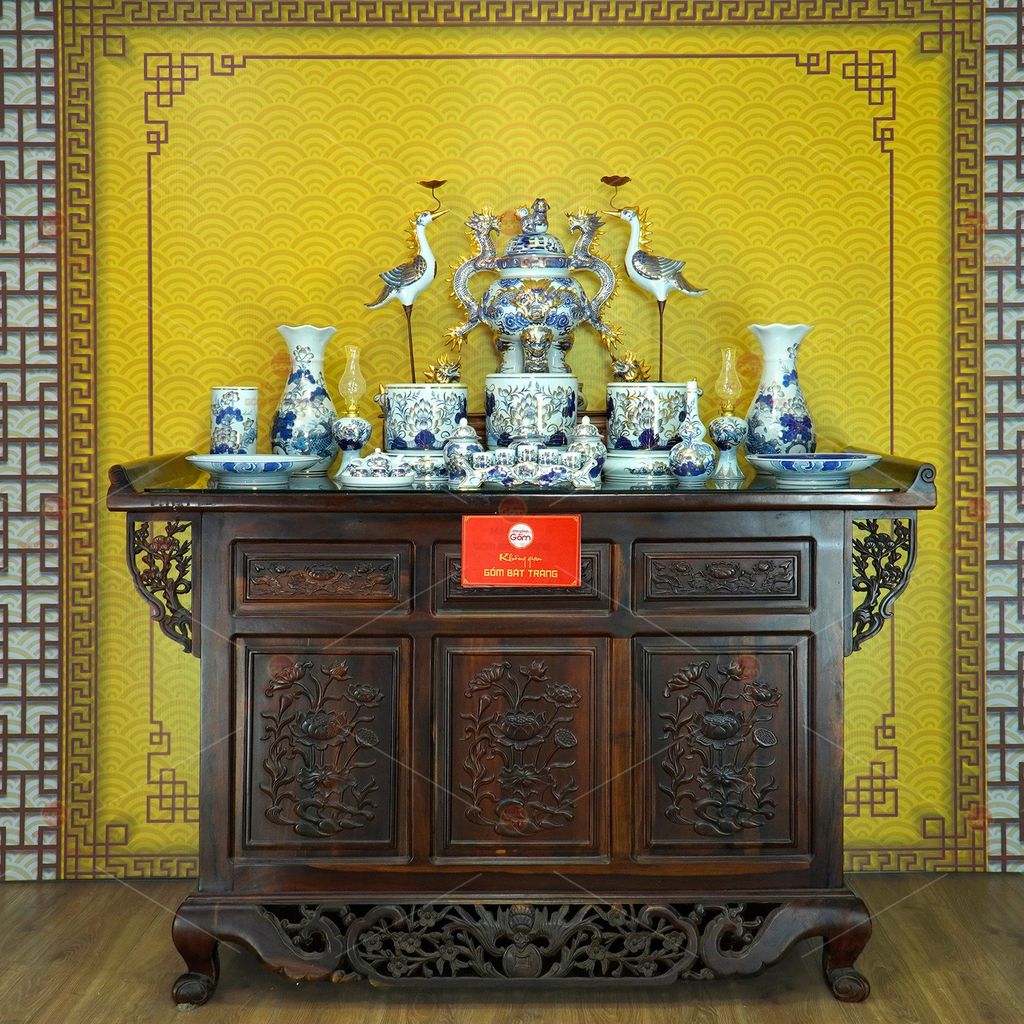 [Set Cao Cấp] Bộ Đồ Thờ Gia Tiên Men Lam Vẽ Vàng (17 món)