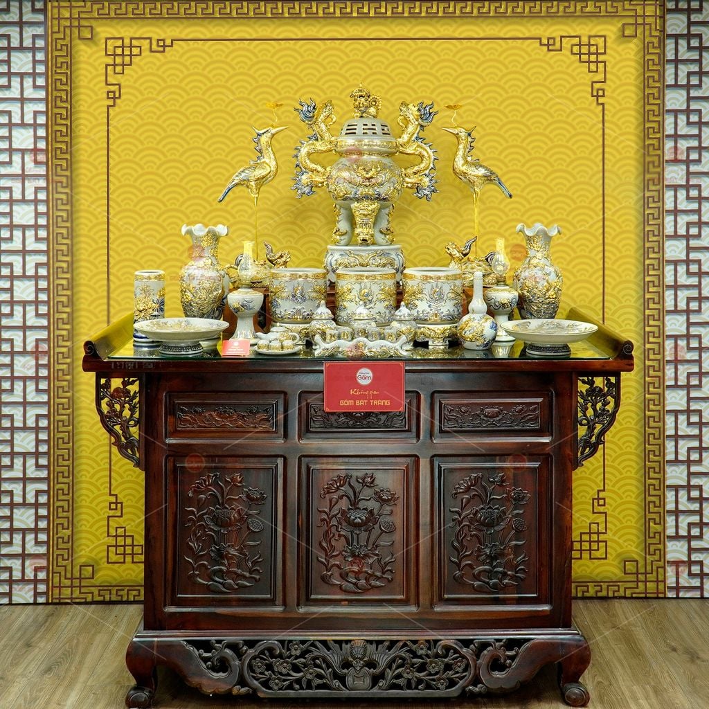 [Set Cao Cấp] Bộ Đồ Thờ Gia Tiên Men Rạn Vẽ Vàng (17 món)