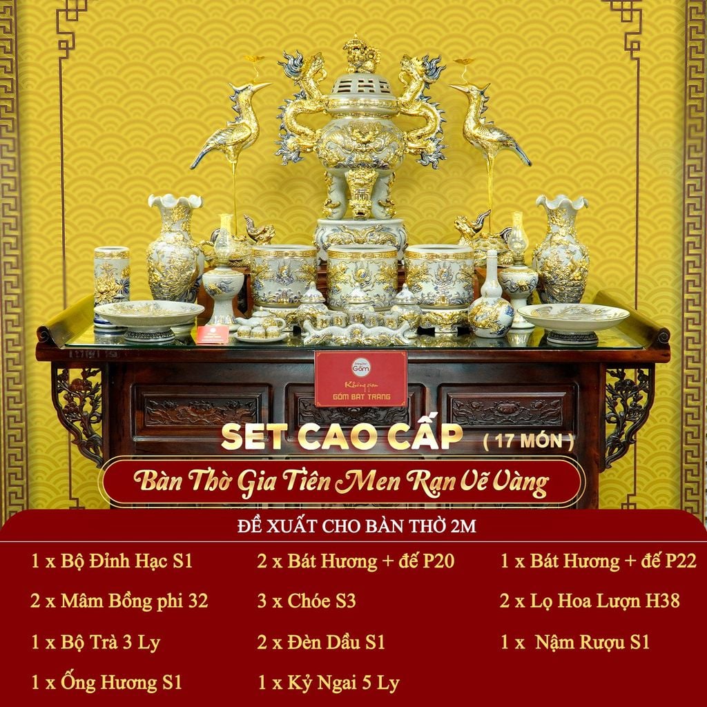 [Set Cao Cấp] Bộ Đồ Thờ Gia Tiên Men Rạn Vẽ Vàng (17 món)