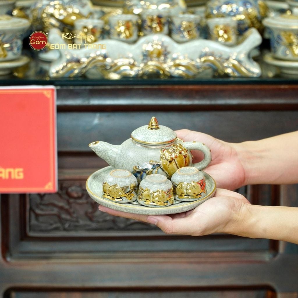 [Set Cao Cấp] Bộ Đồ Thờ Gia Tiên Men Rạn Vẽ Vàng (17 món)