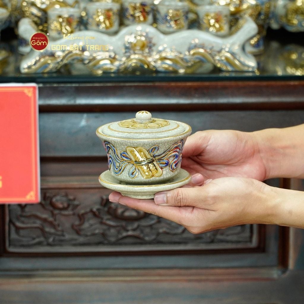 [Set Hào Gia] Bộ Đồ Thờ Gia Tiên Men Rạn Vẽ Vàng (30 món)