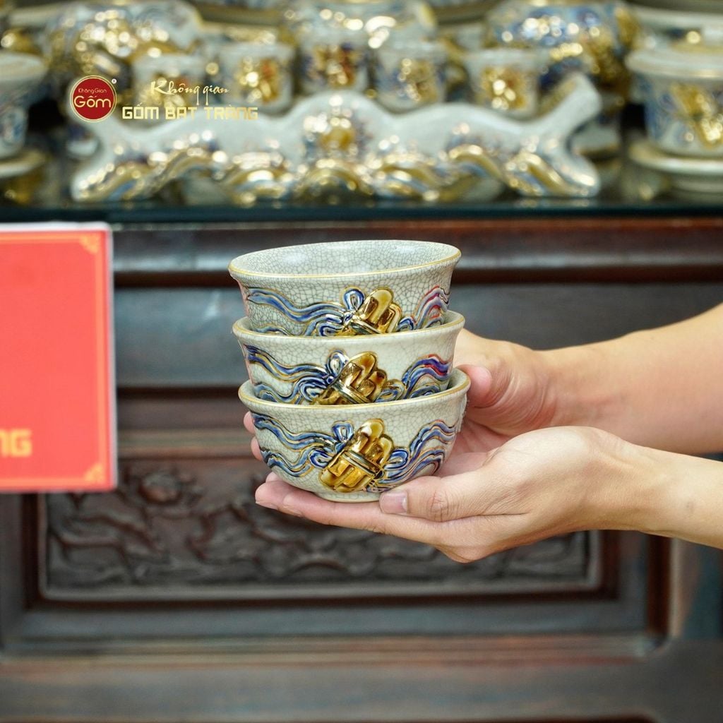 [Set Hào Gia] Bộ Đồ Thờ Gia Tiên Men Rạn Vẽ Vàng (30 món)