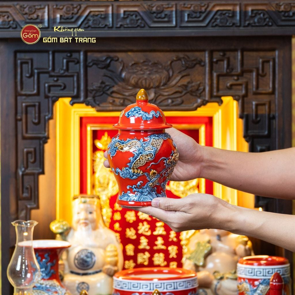 [Set Cao Cấp] Bộ Đồ Thờ Thần Tài Thổ Địa Men Đỏ (11 món)