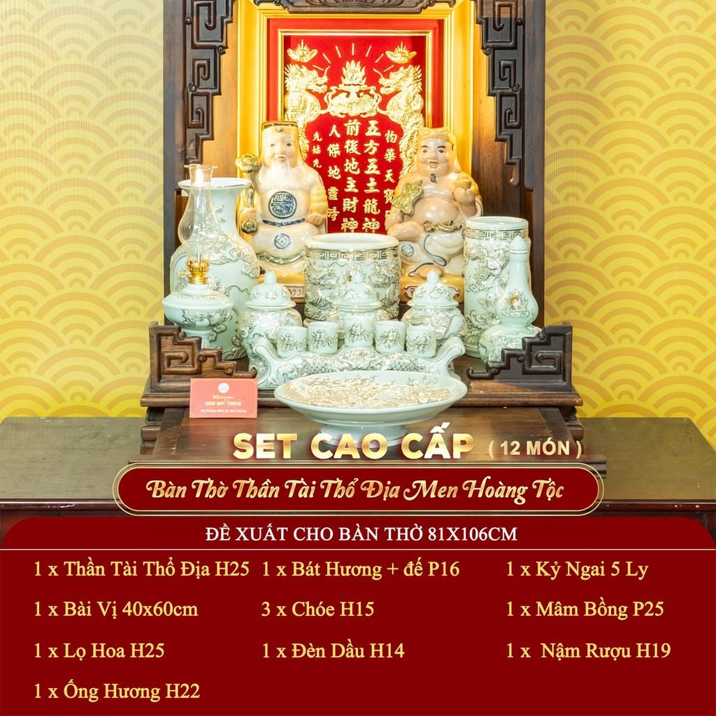 [Set Cao Cấp] Bộ Đồ Thờ Thần Tài Thổ Địa Men Hoàng Tộc Vẽ Vàng (11 món)