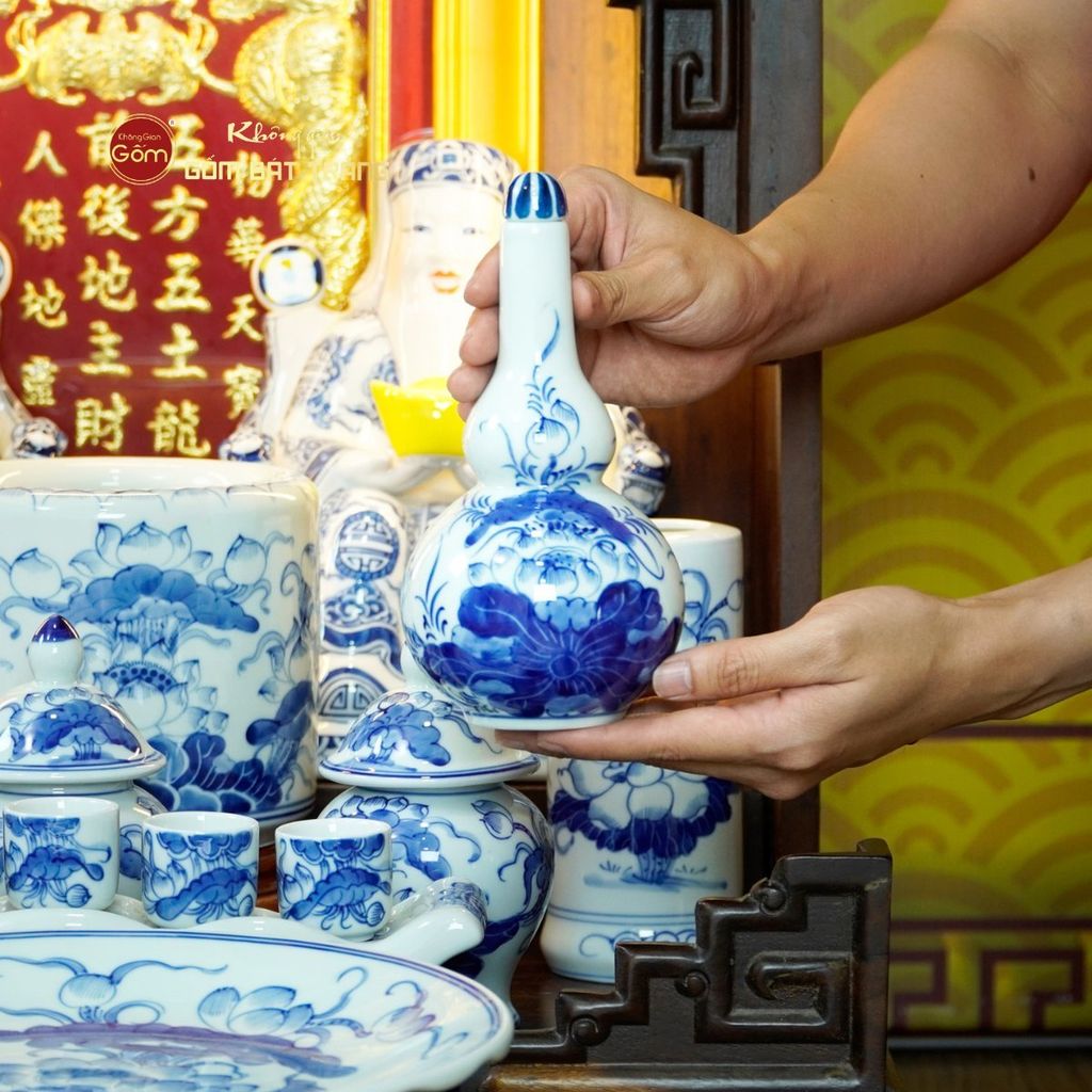 [Set Cao Cấp] Bộ Đồ Thờ Thần Tài Thổ Địa Men Lam (12 món)