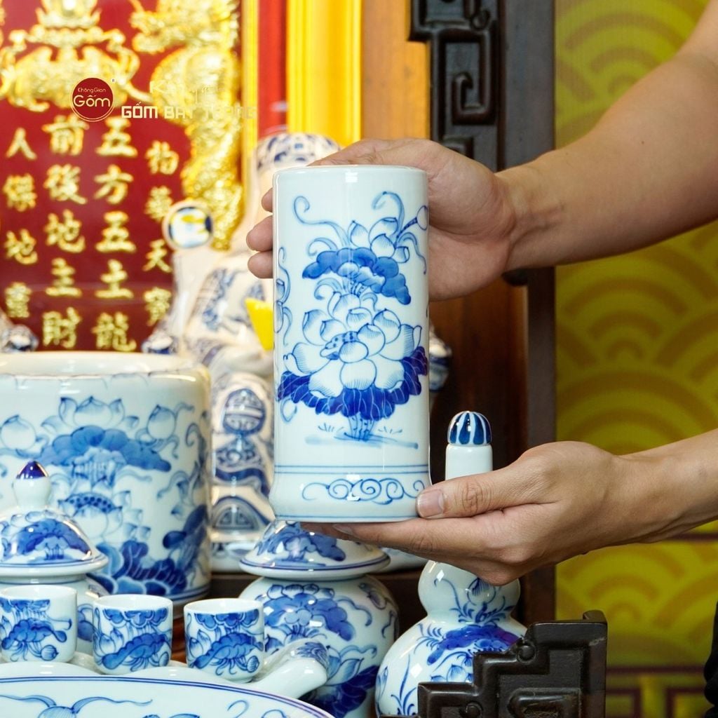 [Set Cao Cấp] Bộ Đồ Thờ Thần Tài Thổ Địa Men Lam (12 món)